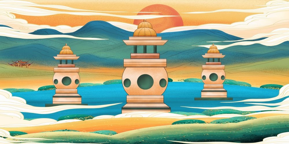 中国风国潮唯美山水风景祥云海报背景高清分层插画素材模板  (2)