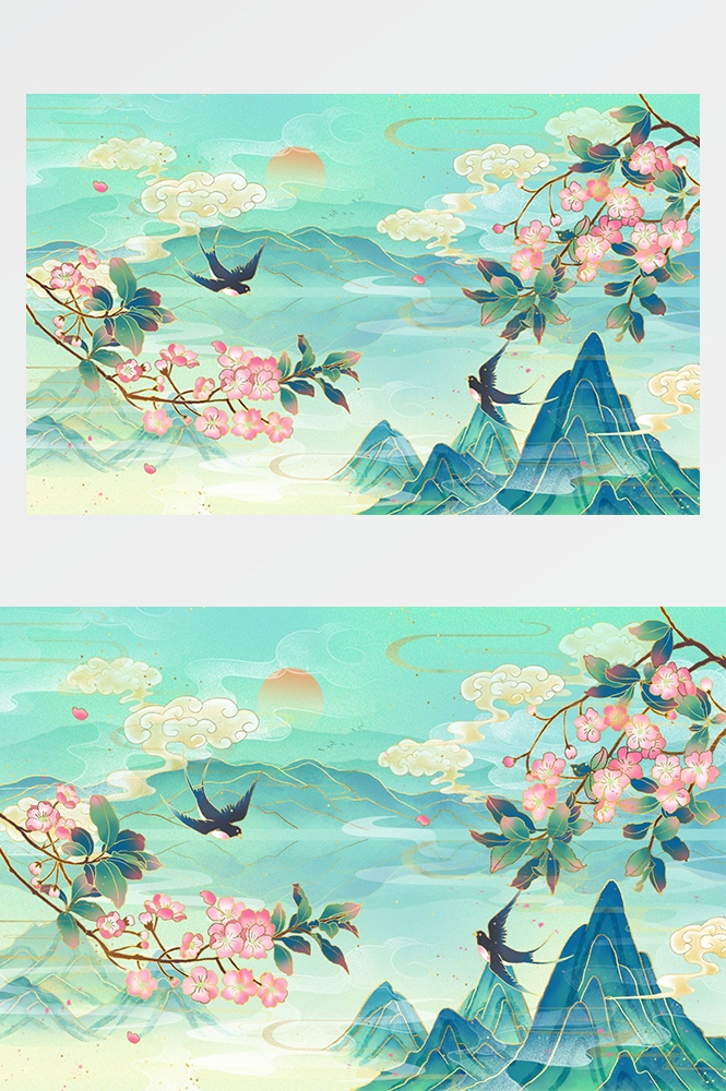 中国风国潮唯美山水风景祥云海报背景PS高清分层插画素材模板