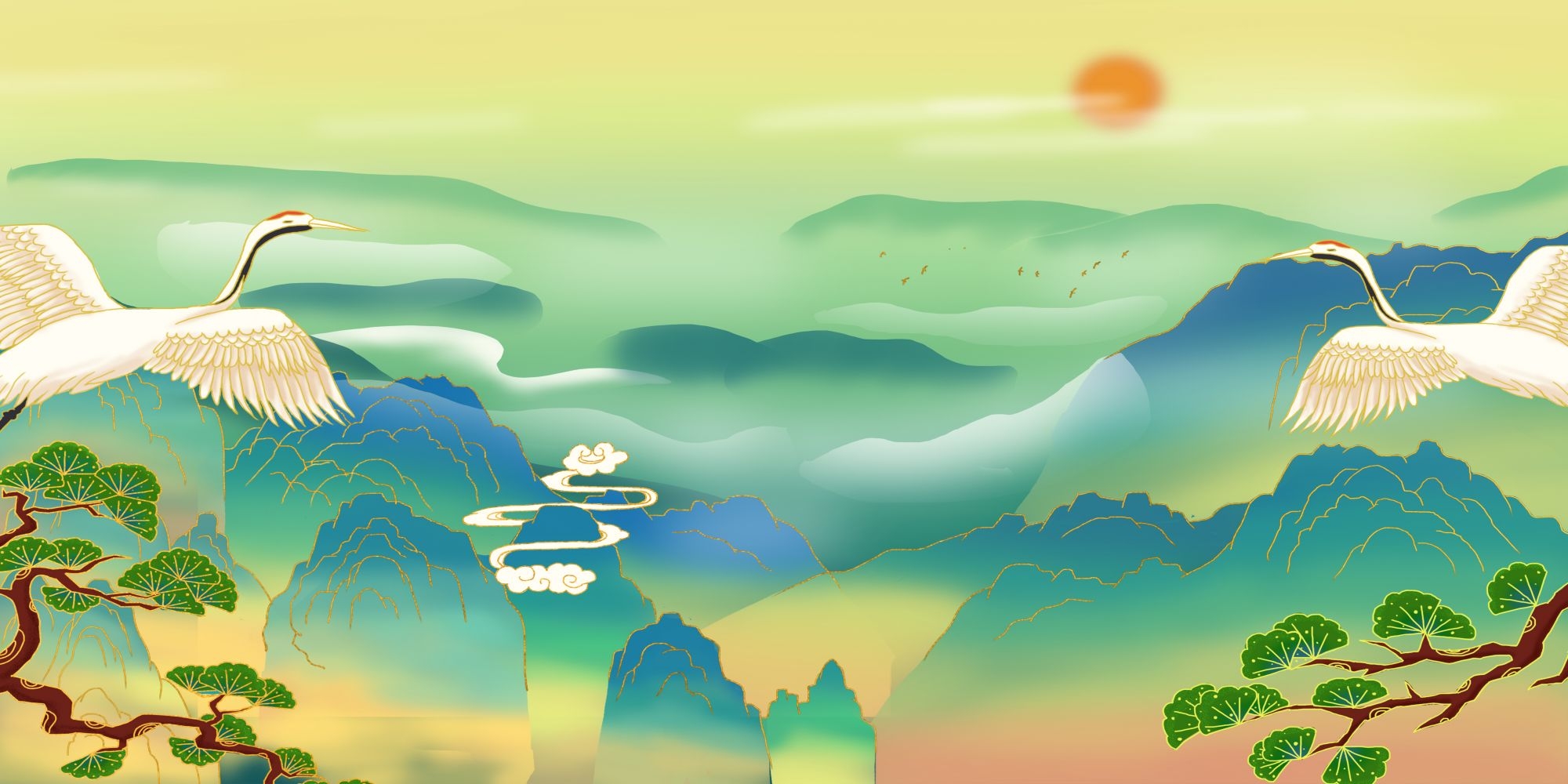 国潮山水中国风背景图展板插画素材30