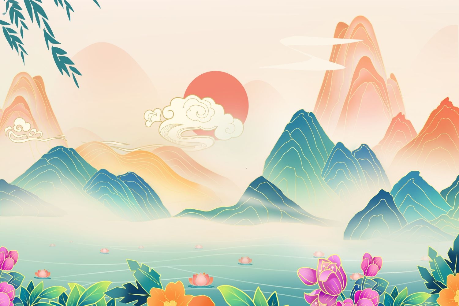 中国风国潮唯美传统山水风景插画海报祥云元素背景PS高清素材 (1)