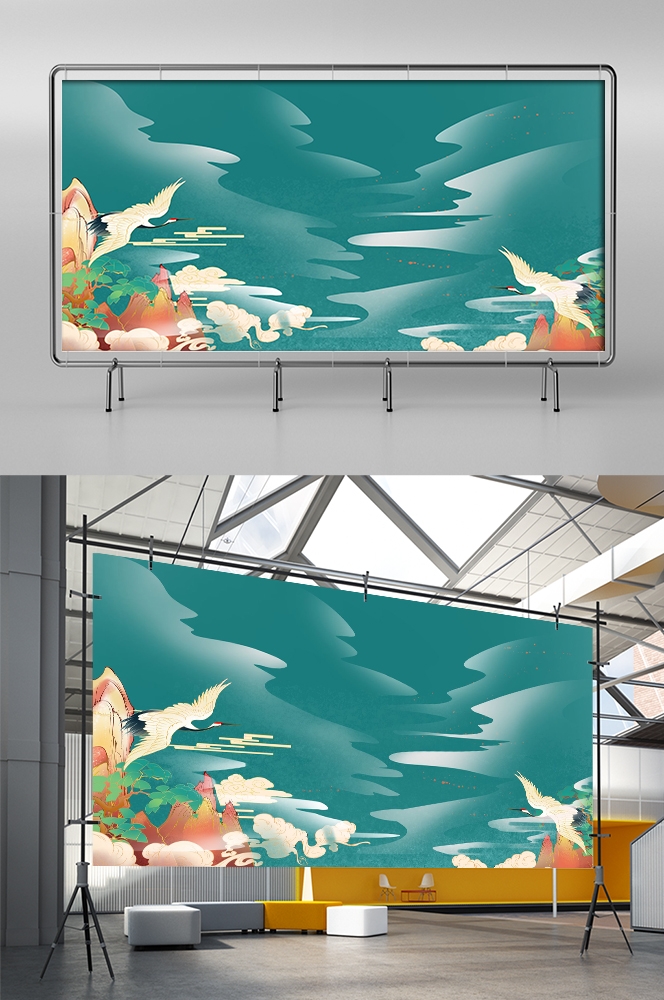 国潮山水中国风背景图展板插画素材29