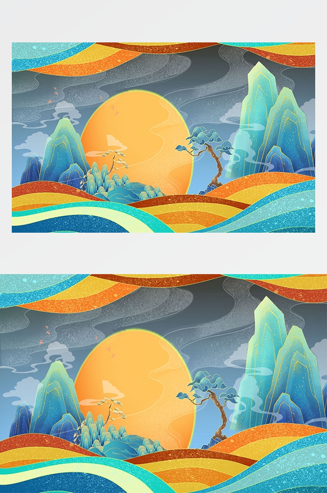 国潮唯美山水风景中国风插画海报元素背景PSD高清分层源文件素材 (6)