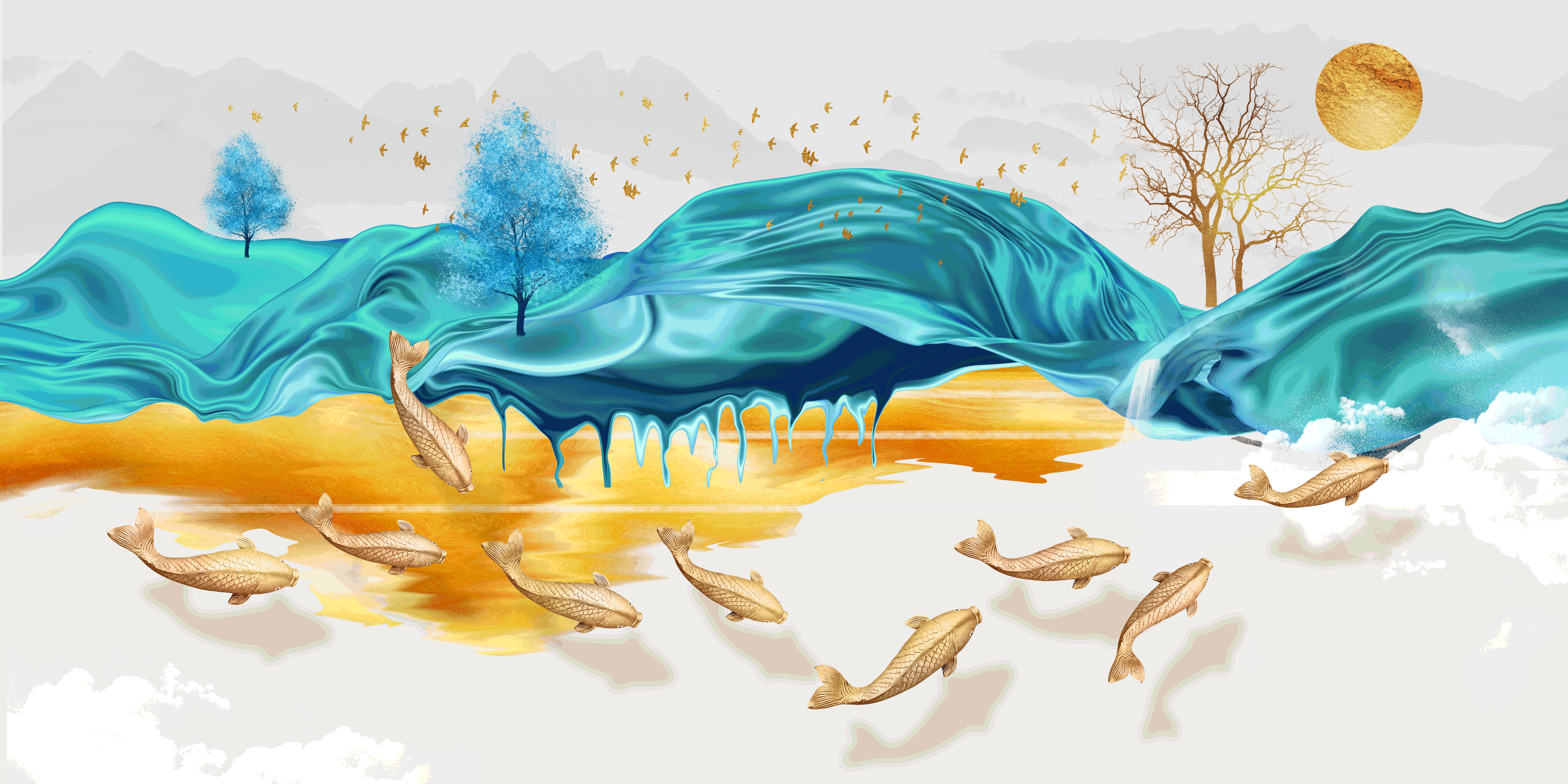轻奢现代入户荷花九鱼图风水画海报背景墙壁画 (2)