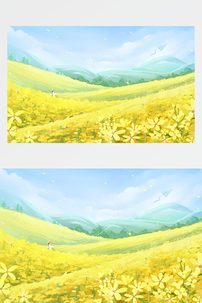 油菜花开田野风景背景插画图片banner海报11