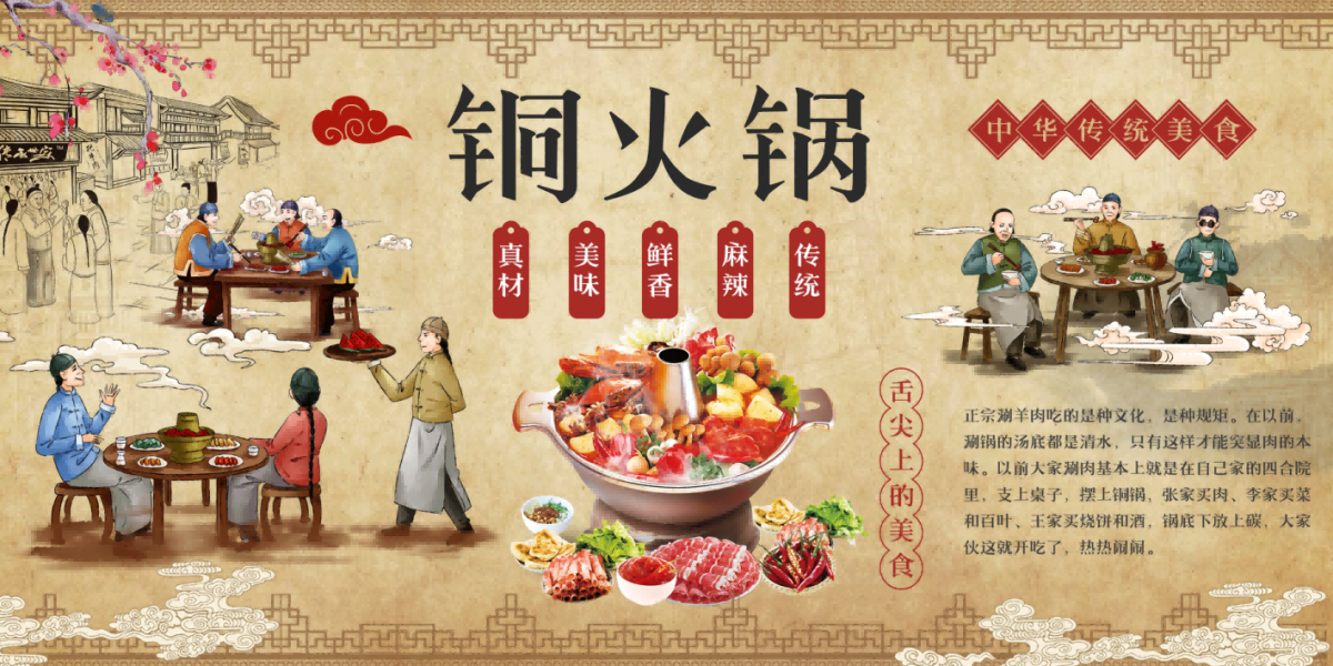 饭店老北京铜火锅复古壁画背景文化墙绘素材15