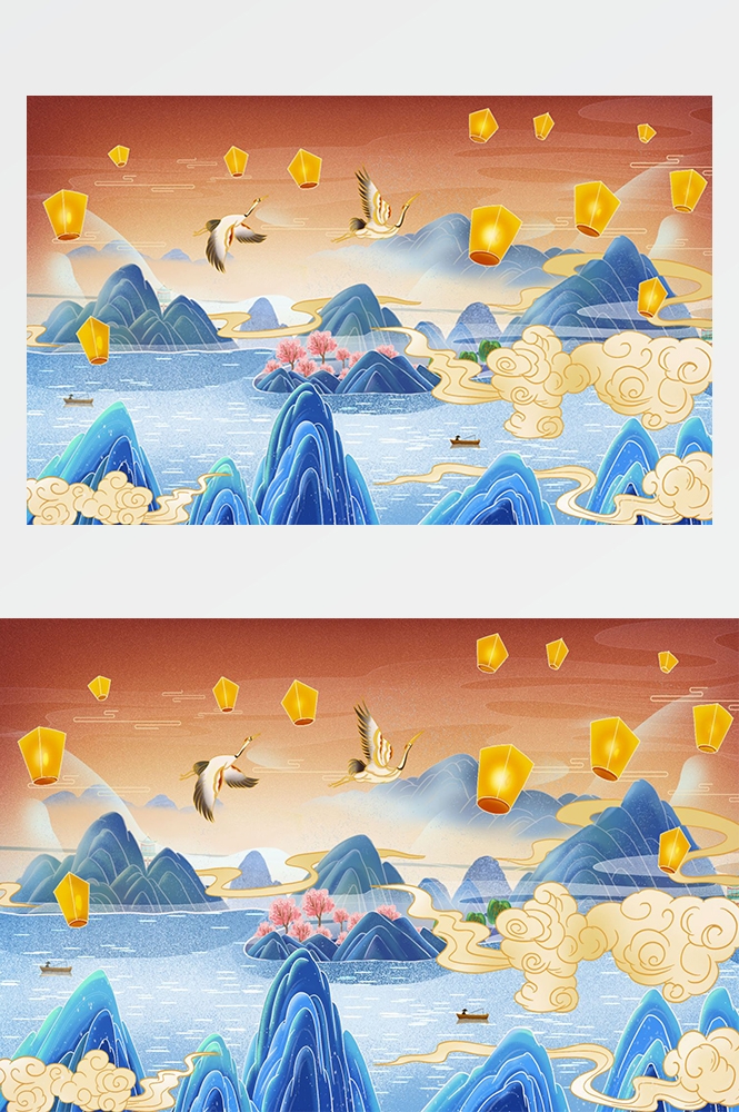 中国风国潮唯美传统山水风景插画海报祥云元素背景PS高清素材
