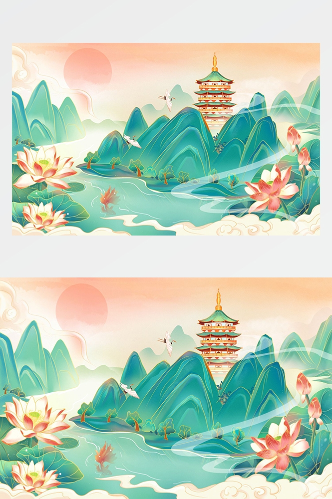 中国风国潮唯美山水风景祥云海报背景PS高清分层插画素材模板