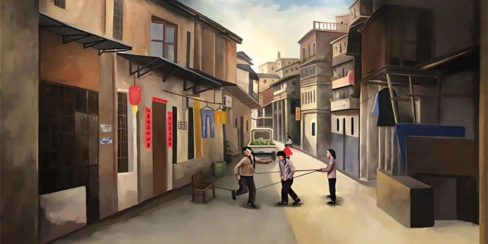 复古怀旧墙绘马路边边小卖部饭店烧烤火锅店壁纸背景墙4