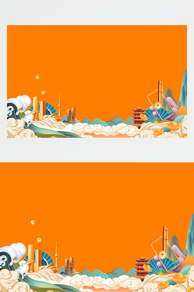 中国风国潮唯美传统山水风景插画海报祥云元素背景PS高清素材