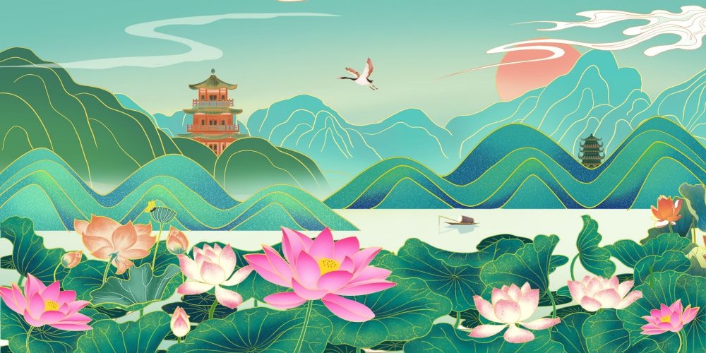 中国风国潮唯美山水风景祥云海报背景高清分层插画素材模板  (9)