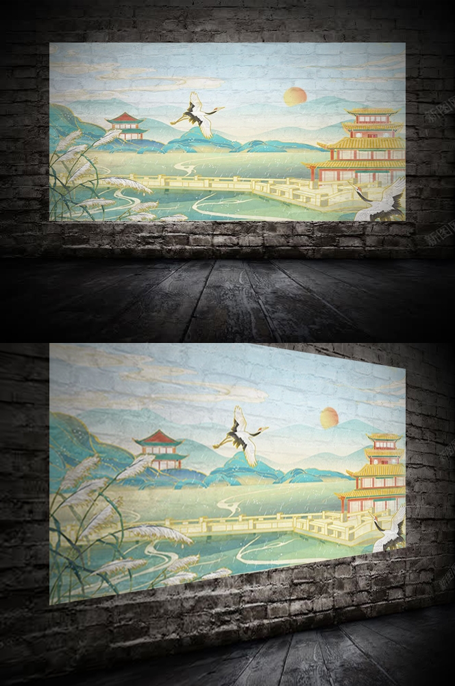 中国风国潮唯美山水风景祥云海报背景高清分层插画素材模板  (14)