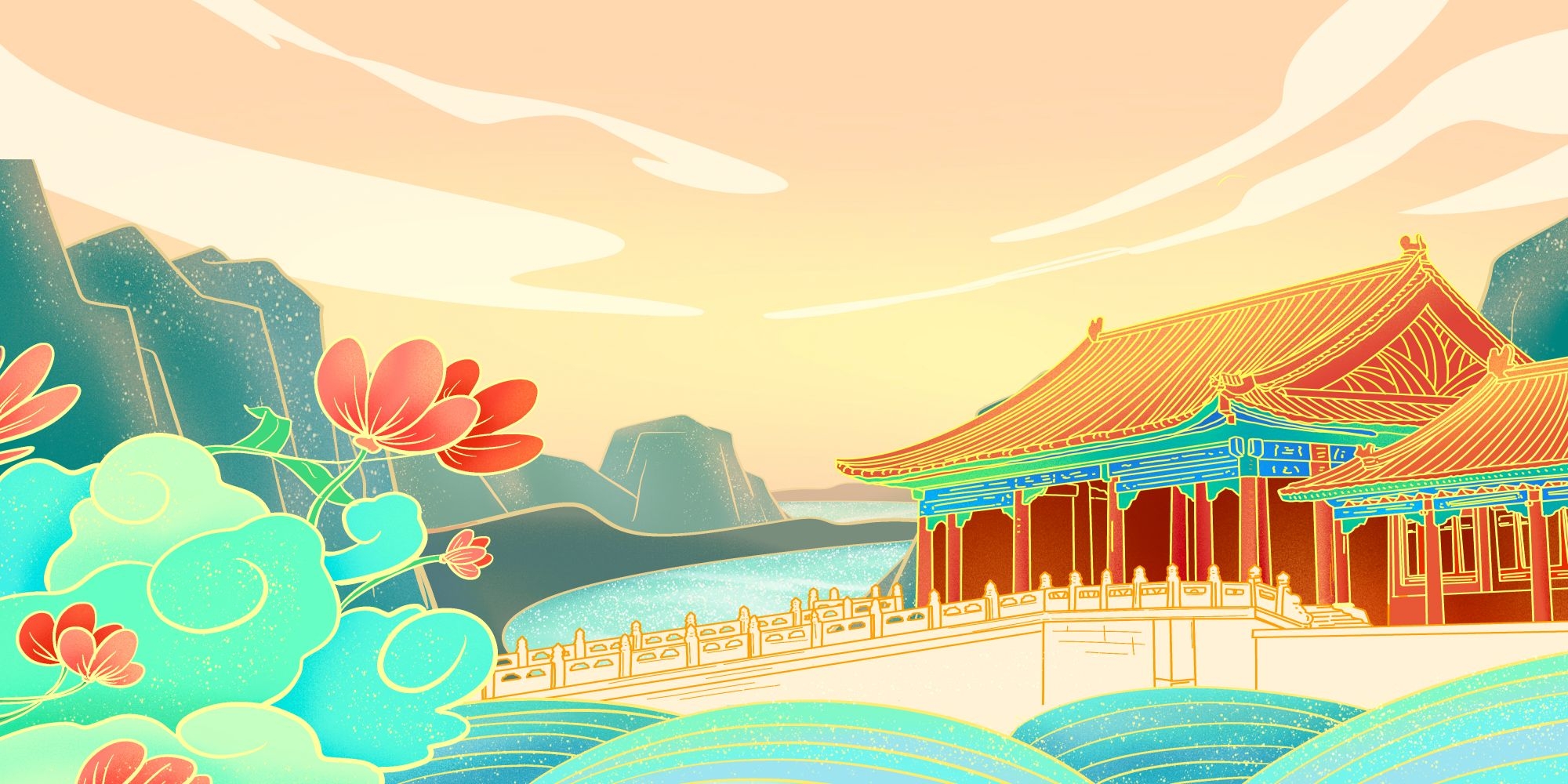国潮山水中国风背景图展板插画素材13