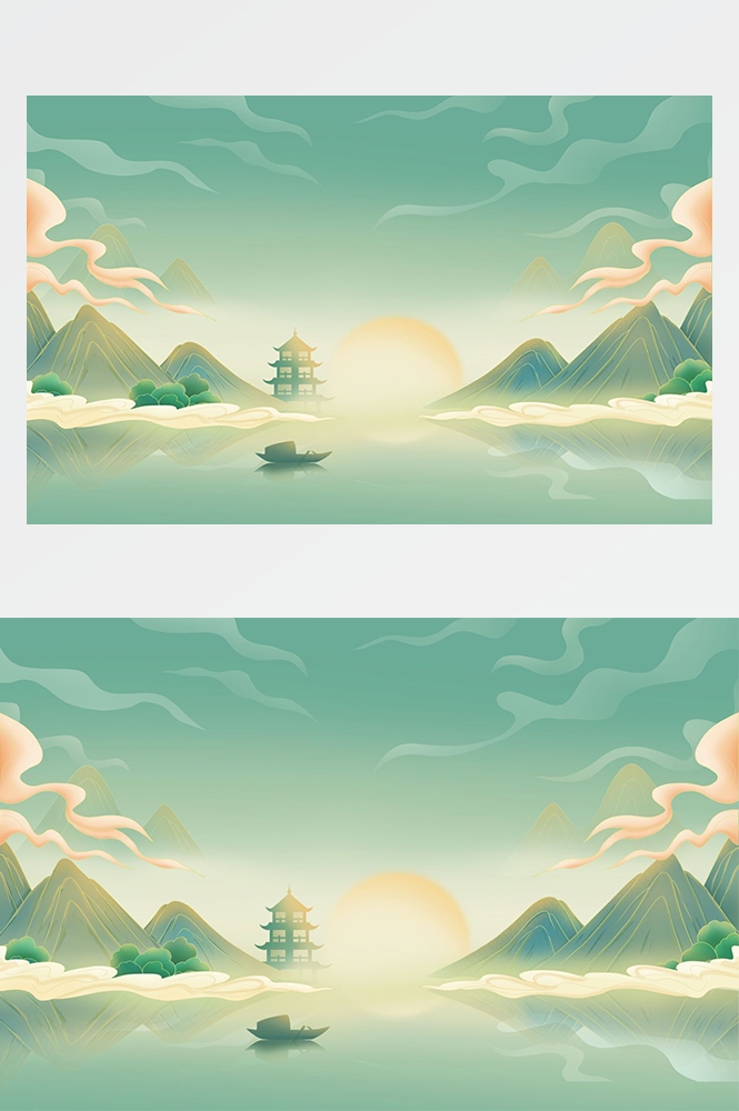 中国风国潮唯美山水风景祥云海报背景PS高清分层插画素材模板
