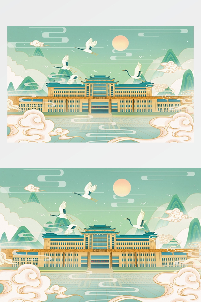 中国风国潮唯美山水风景祥云海报背景PS高清分层插画素材模板 (12)