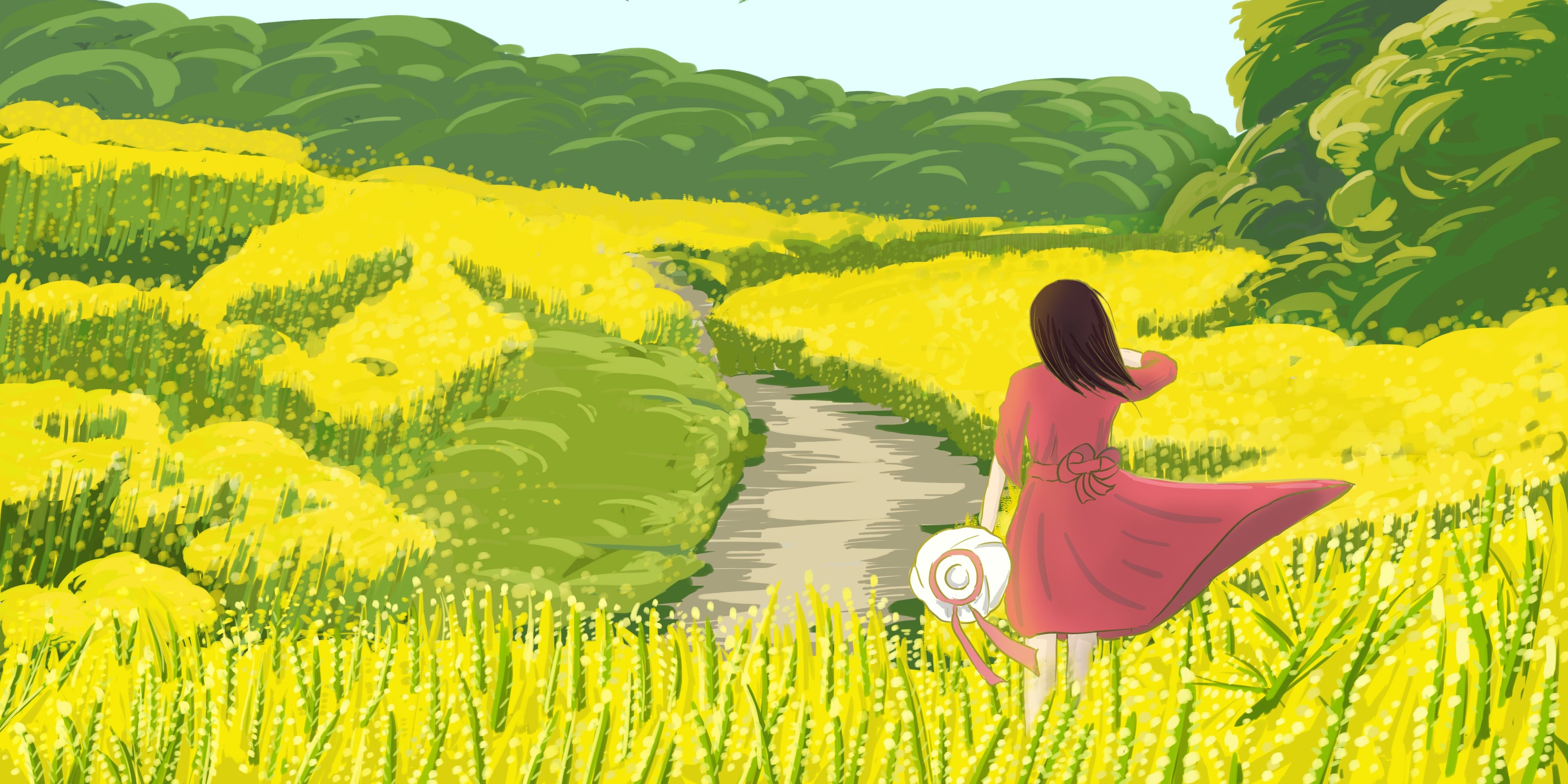 油菜花开田野风景背景插画图片banner海报34