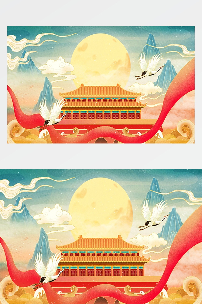 国潮唯美山水风景中国风插画海报元素背景PSD高清分层源文件素材