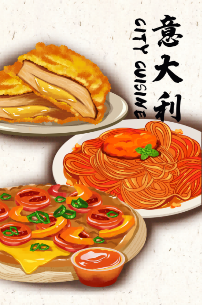 手绘地方特色美食小吃餐厅蛋糕甜品插画海报背景24
