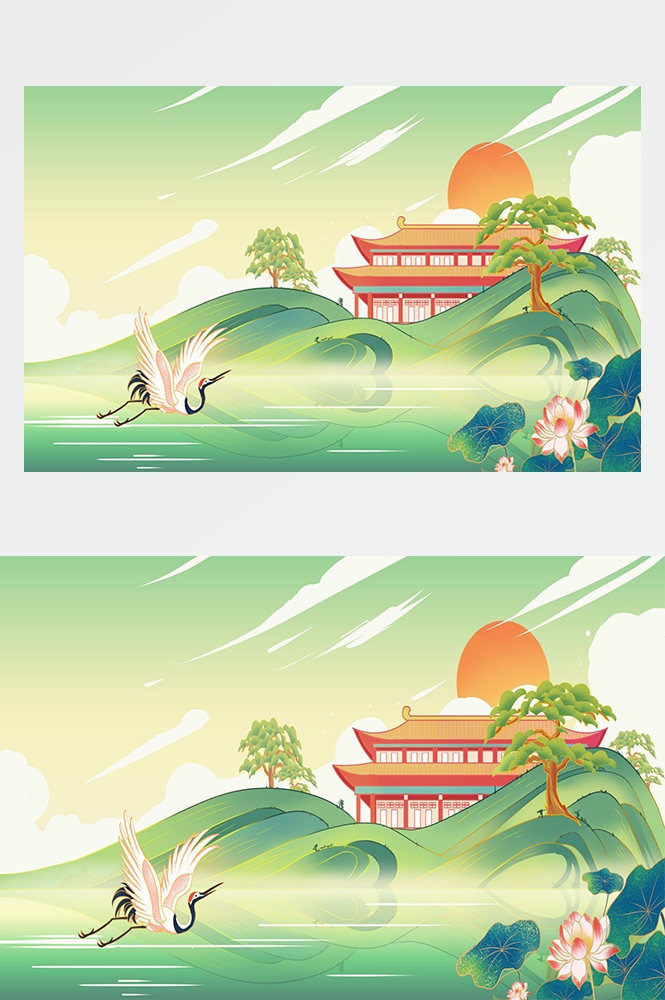 中国风国潮唯美山水风景祥云海报背景PS高清分层插画素材模板