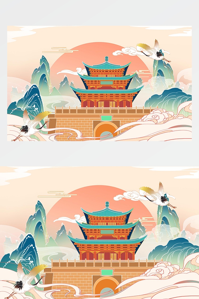 中国风国潮唯美山水风景祥云海报背景PS高清分层插画素材模板