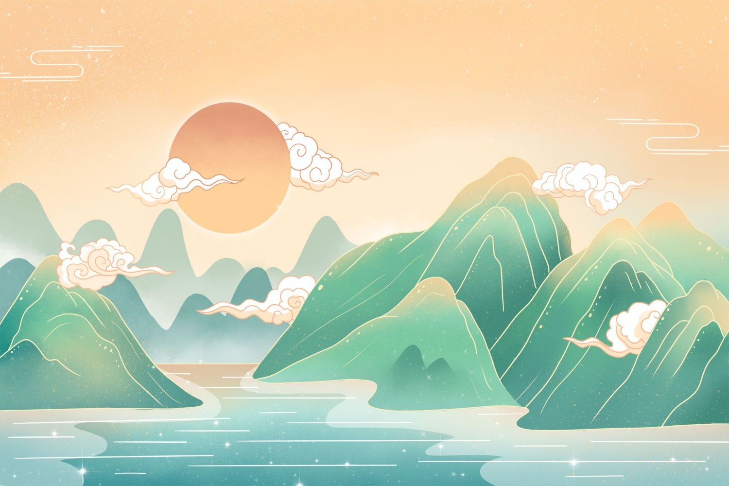 中国风国潮唯美传统山水风景插画海报祥云元素背景PS高清素材 (11)