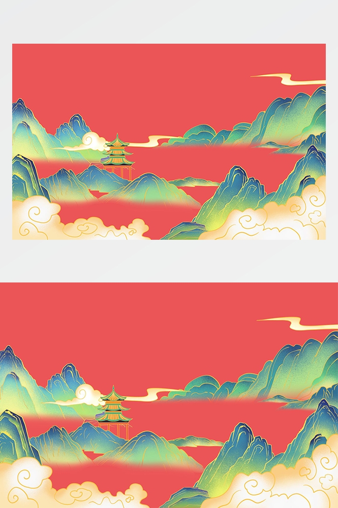 中国风国潮唯美山水风景祥云海报背景PS高清分层插画素材模板