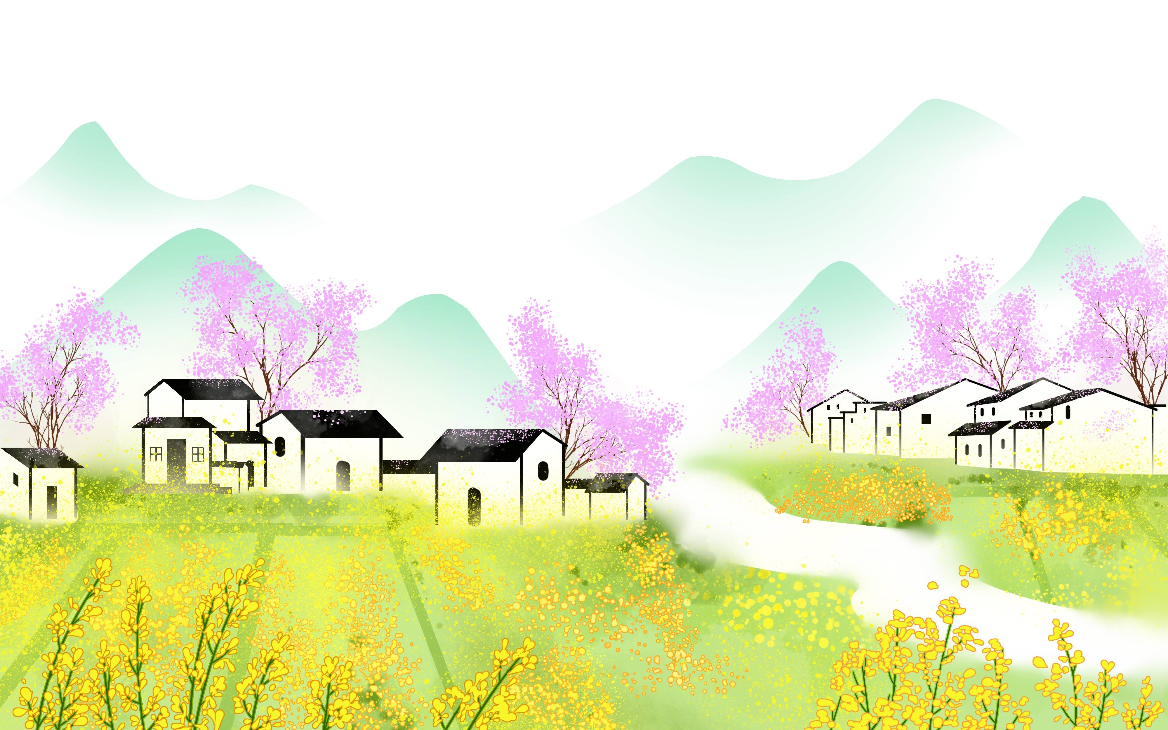 油菜花开田野风景背景插画图片banner海报32