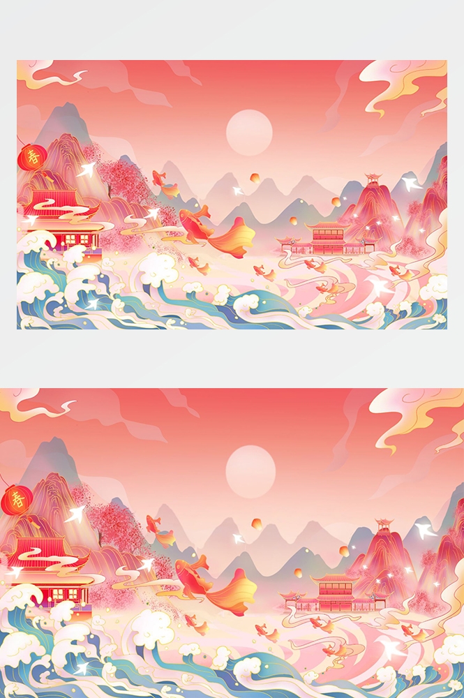 中国风国潮唯美山水风景祥云海报背景PS高清分层插画素材模板