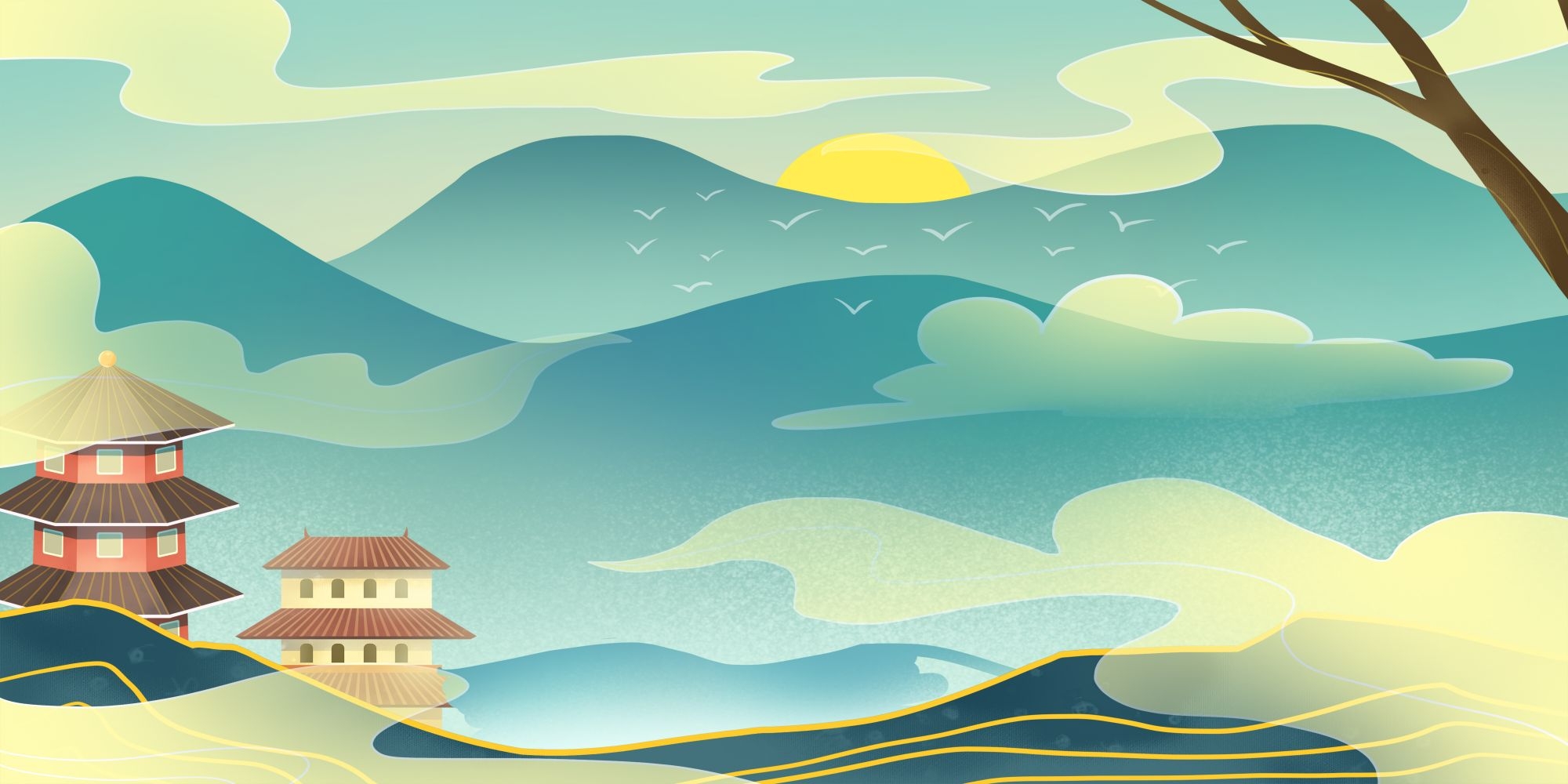 国潮山水中国风背景图展板插画素材4