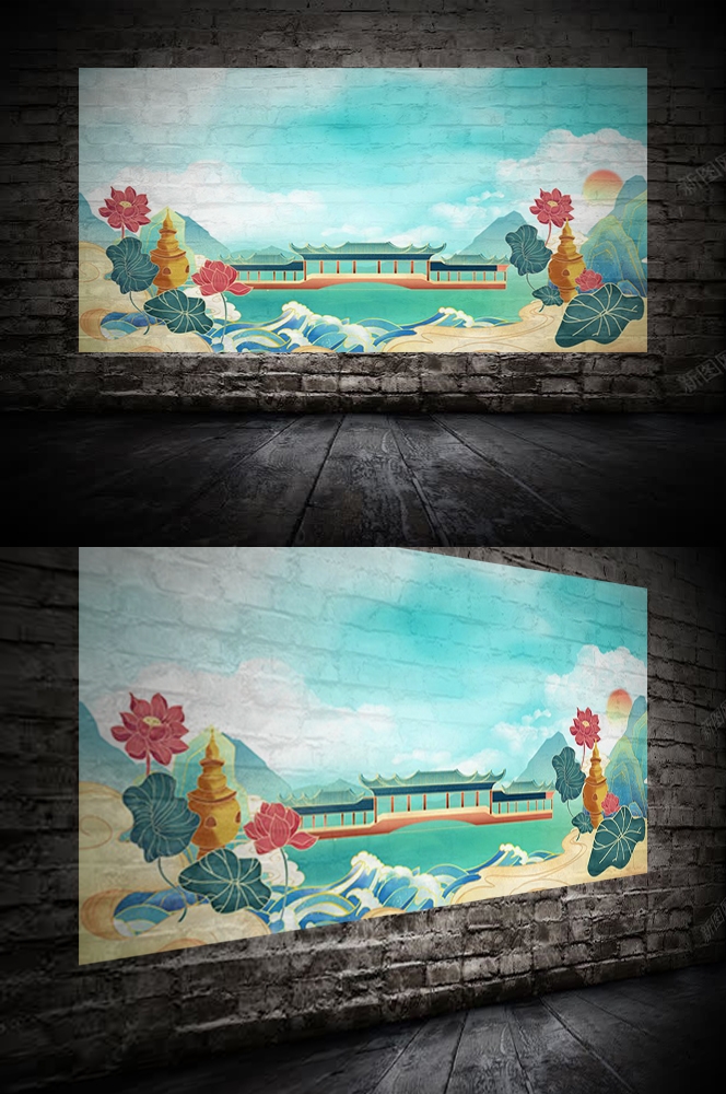 中国风国潮唯美山水风景祥云海报背景高清分层插画素材模板  (12)