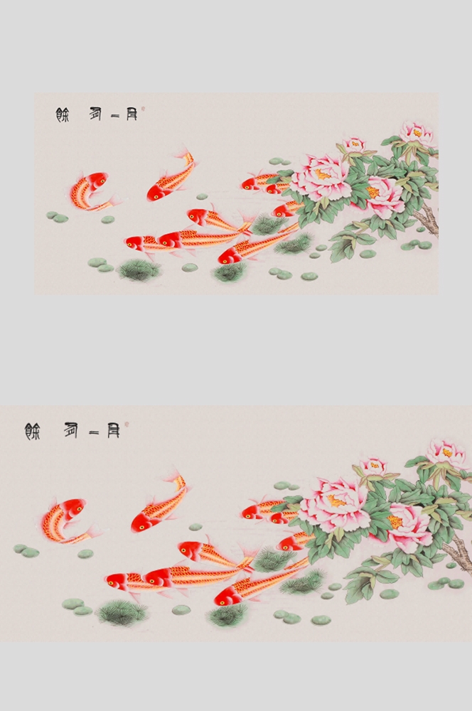 轻奢现代入户荷花九鱼图风水画海报背景墙壁画 (5)