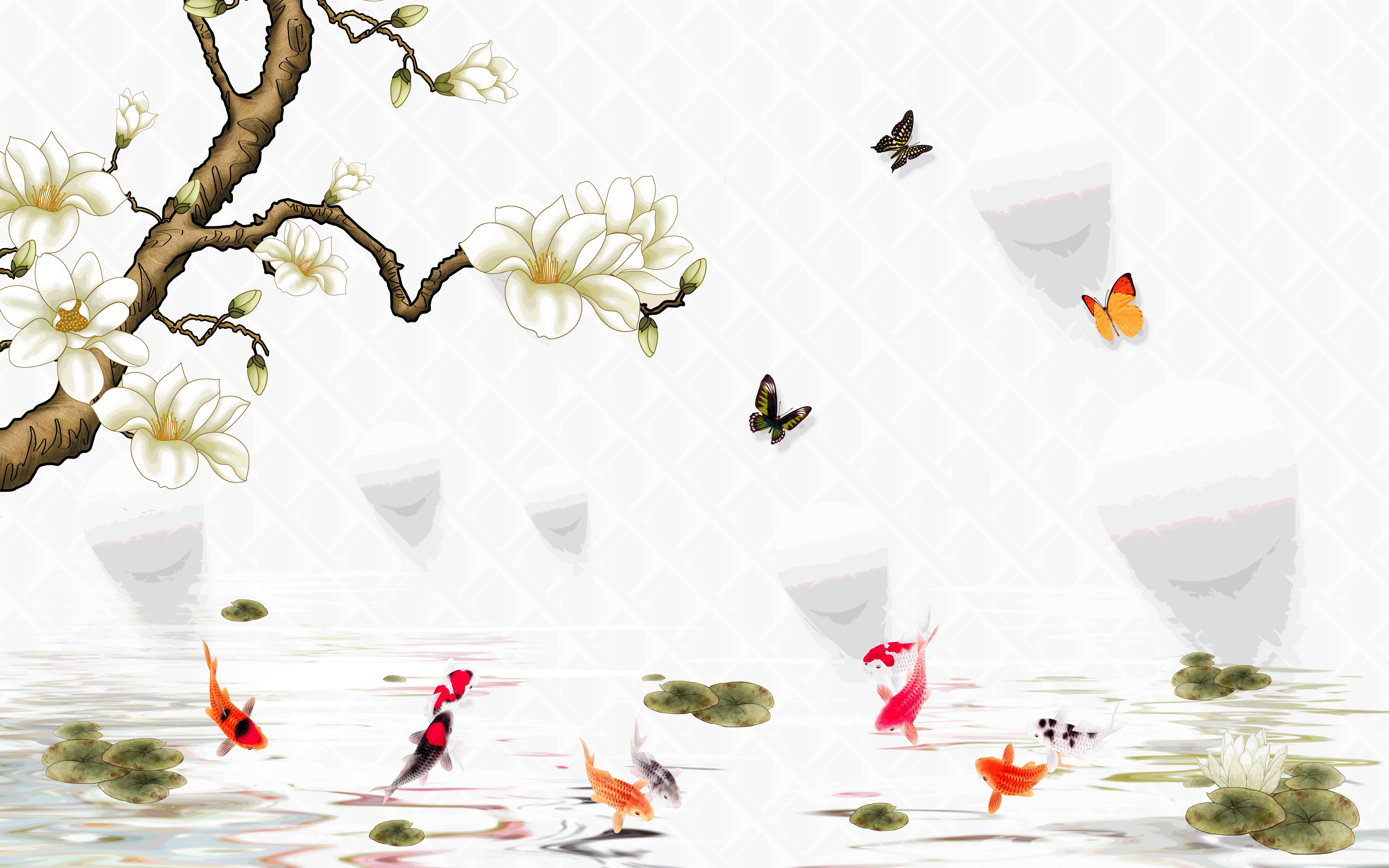 轻奢现代入户荷花九鱼图风水画海报背景墙壁画 (17)