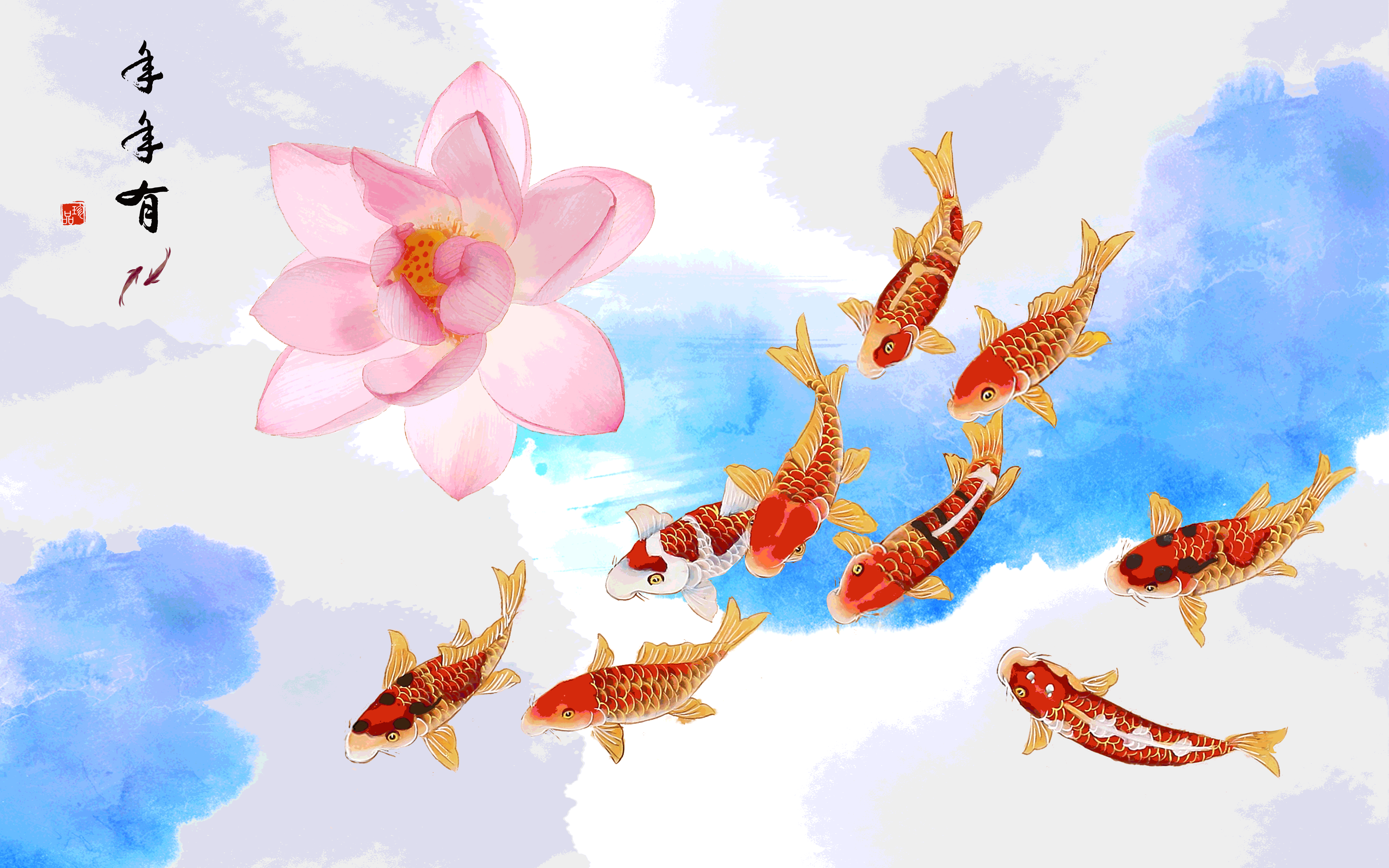 轻奢现代入户荷花九鱼图风水画海报背景墙壁画 (12)