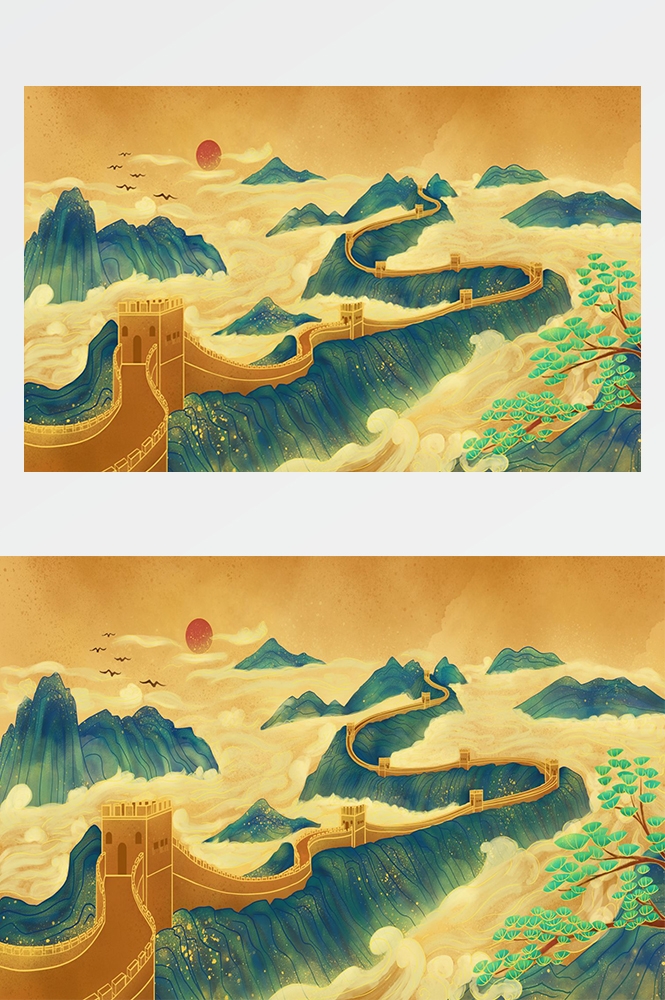 中国风国潮唯美山水风景祥云海报背景PS高清分层插画素材模板