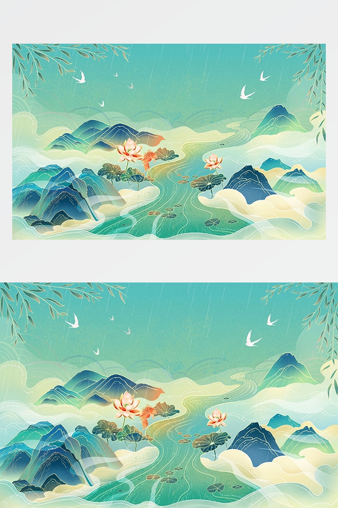 中国风国潮唯美山水风景祥云海报背景PS高清分层插画素材模板 (32)