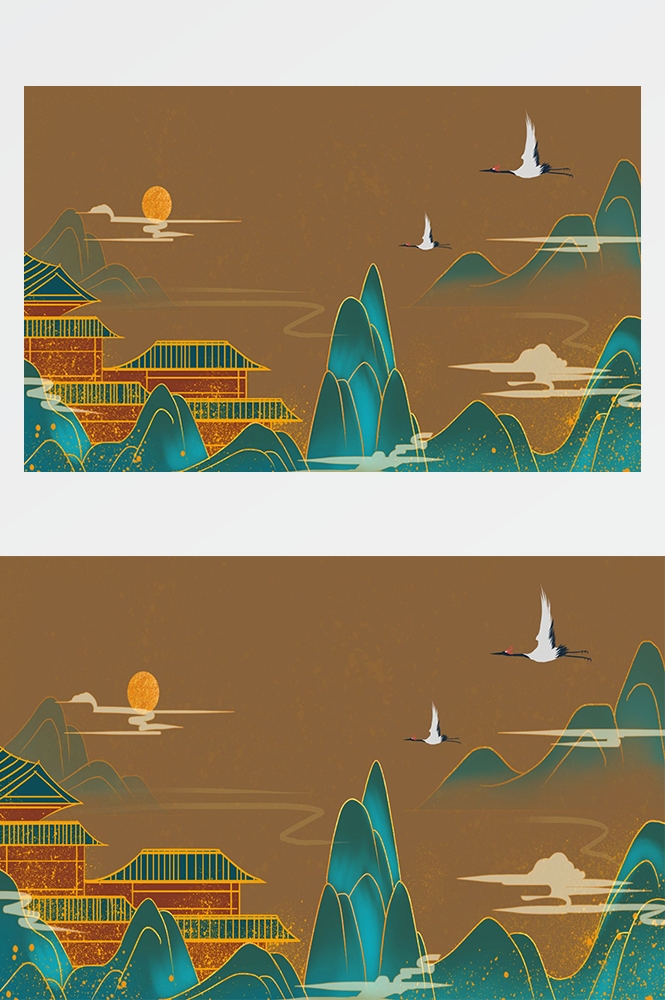中国风国潮唯美山水风景祥云海报背景PS高清分层插画素材模板 (17)