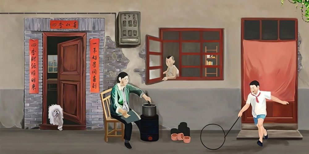 复古怀旧墙绘马路边边小卖部饭店烧烤火锅店壁纸背景墙3