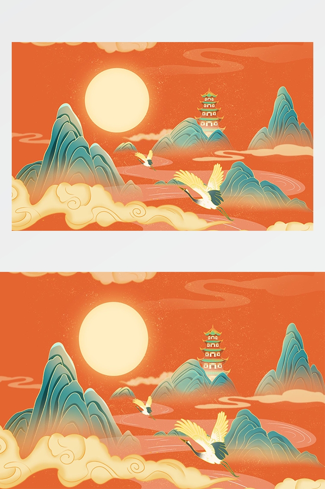 中国风国潮唯美山水风景祥云海报背景PS高清分层插画素材模板