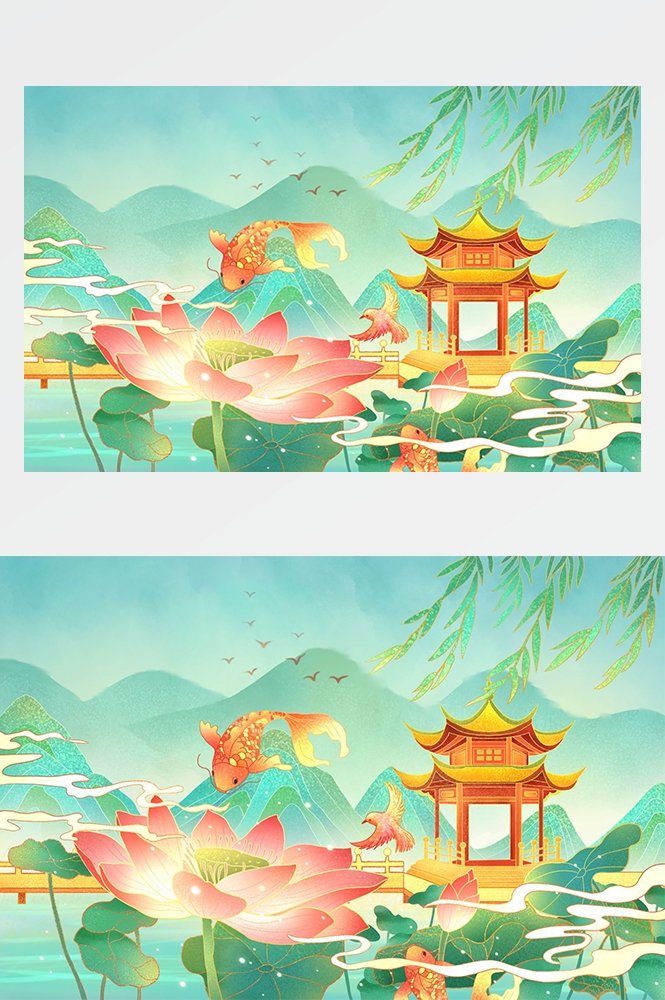 中国风国潮唯美山水风景祥云海报背景PS高清分层插画素材模板 (26)