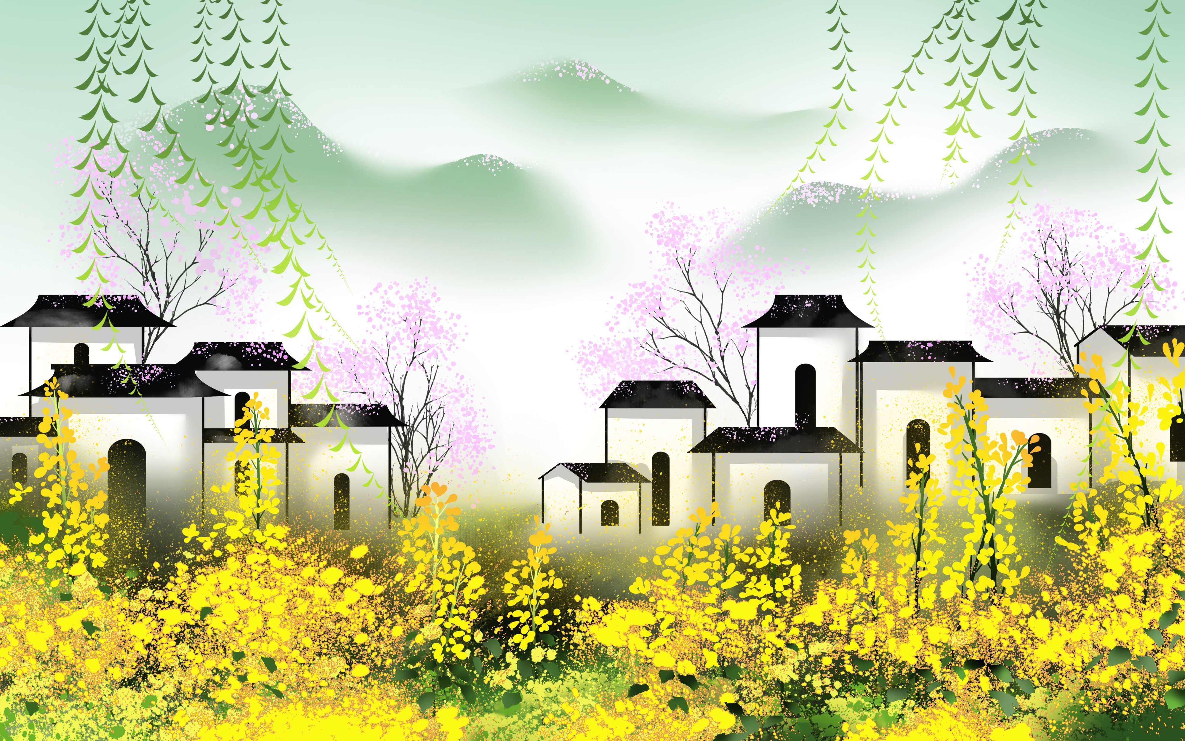 油菜花开田野风景背景插画图片banner海报35