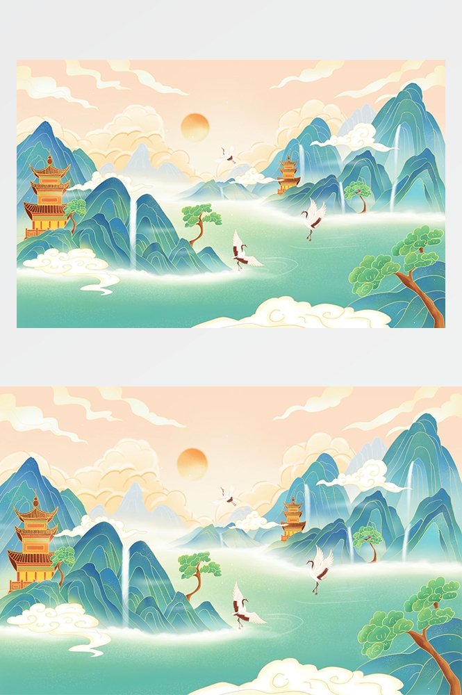 中国风国潮唯美山水风景祥云海报背景PS高清分层插画素材模板 (6)