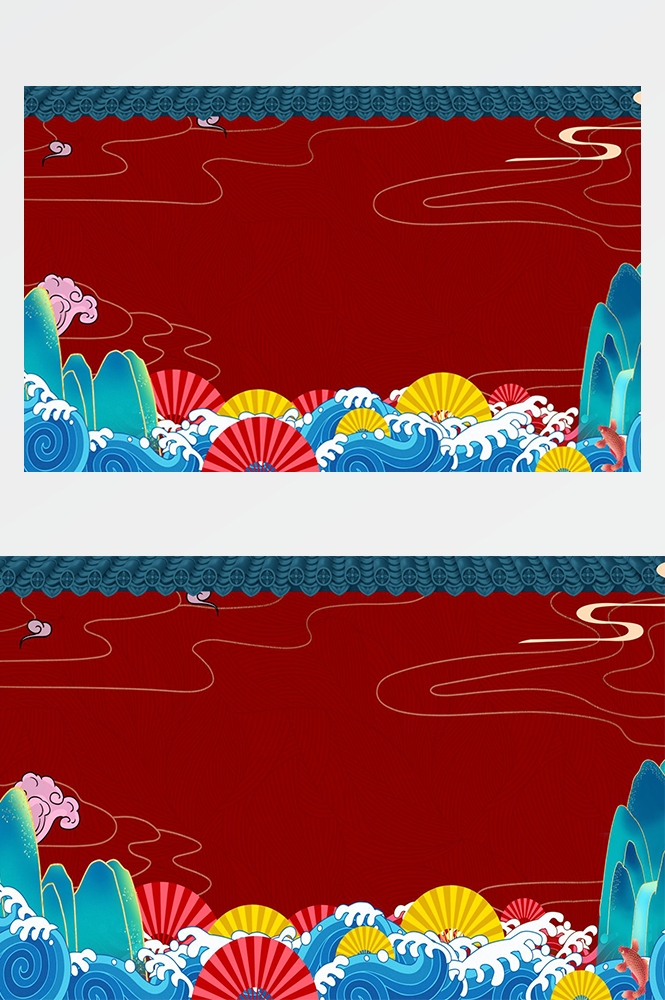 中国风国潮唯美传统山水风景插画海报祥云元素背景PS高清素材
