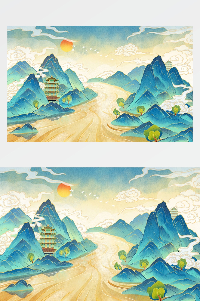 中国风国潮唯美山水风景祥云海报背景PS高清分层插画素材模板 (1)