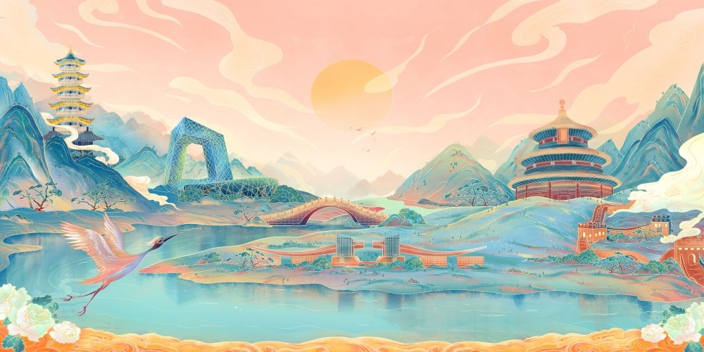 中国风国潮唯美山水风景祥云海报背景高清分层插画素材模板  (11)