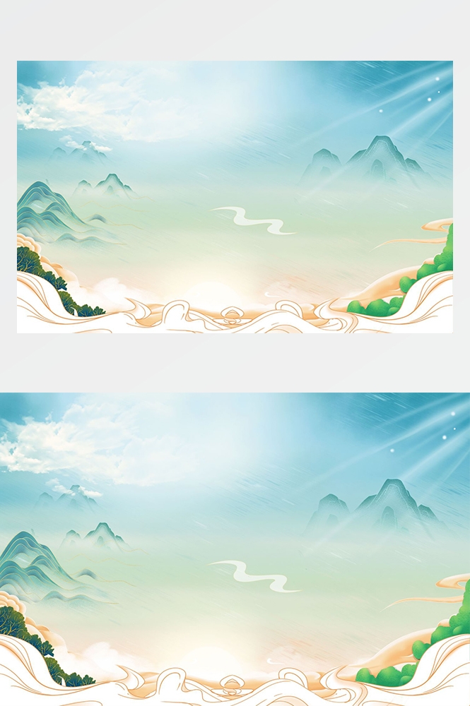 中国风国潮唯美山水风景祥云海报背景PS高清分层插画素材模板