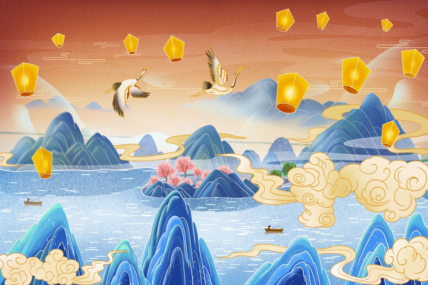 中国风国潮唯美传统山水风景插画海报祥云元素背景PS高清素材 (6)