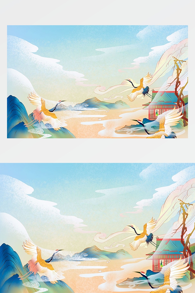中国风国潮唯美山水风景祥云海报背景PS高清分层插画素材模板 (10)
