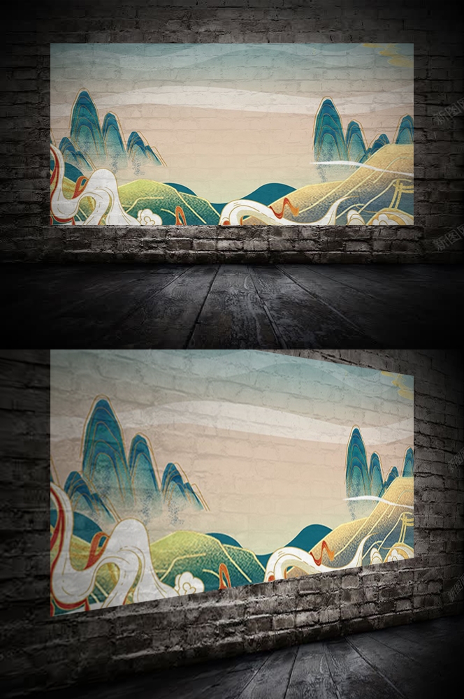 中国风国潮唯美山水风景祥云海报背景高清分层插画素材模板  (7)