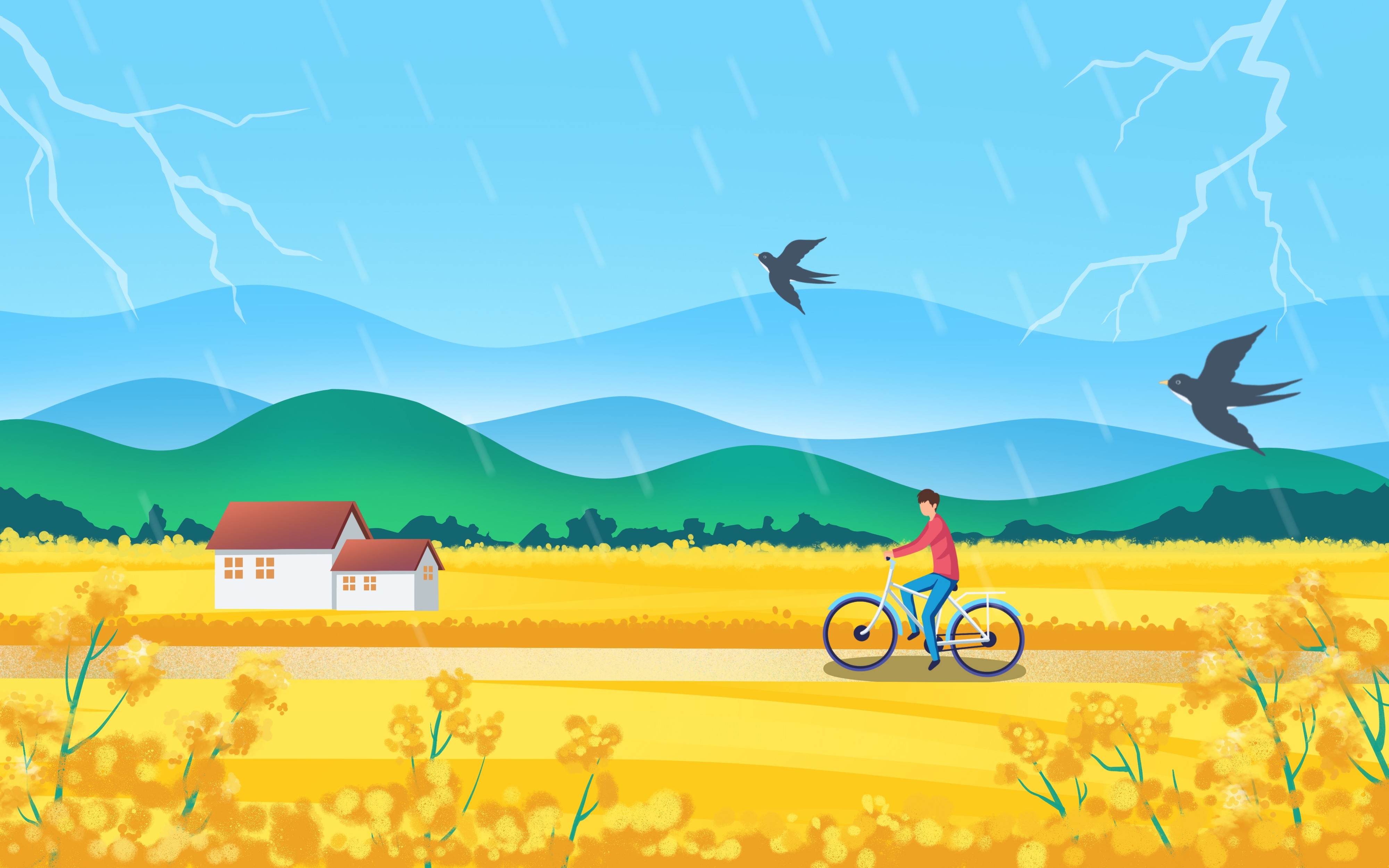 油菜花开田野风景背景插画图片banner海报10
