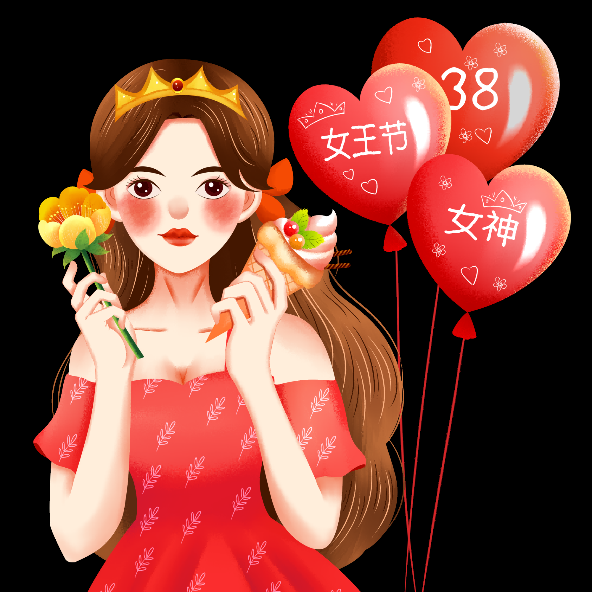 三八女王节女神节妇女节卡通人物主题插图透明背景免抠1