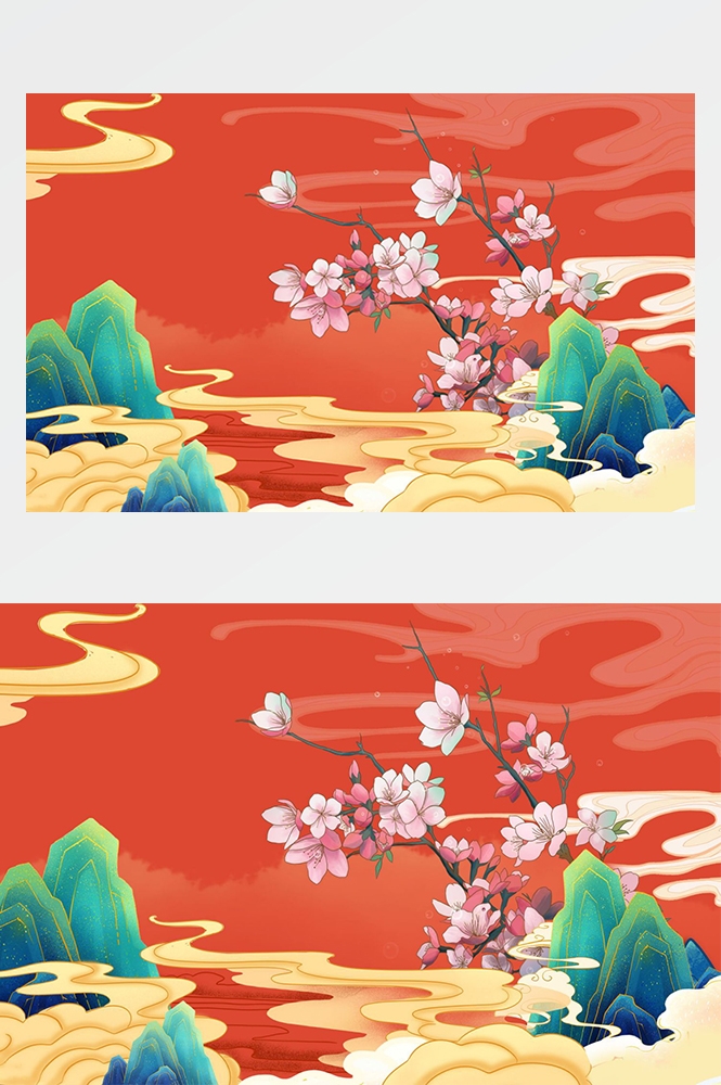国潮唯美山水风景中国风插画海报元素背景PSD高清分层源文件素材